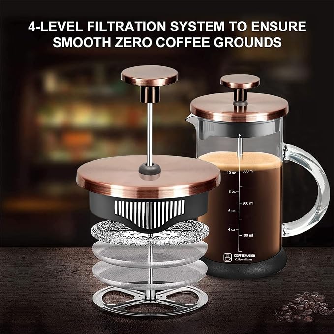 YMMIND French Press Coffee Maker 12 Ounce Espresso Tea Coffee Maker with 4 Filters System, Stainless Steel Plunger and Heat Resistant Borosilicate Glass BPA-Free Brewed Tea Pot Coffee Plunger