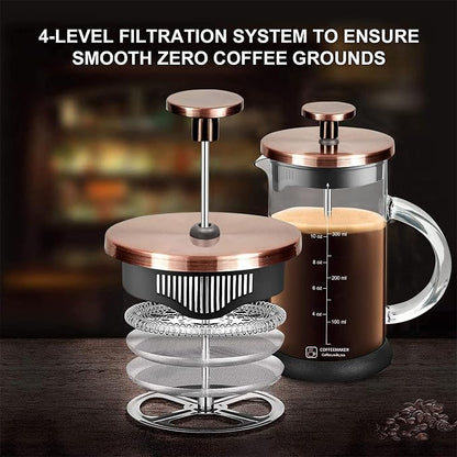 YMMIND French Press Coffee Maker 12 Ounce Espresso Tea Coffee Maker with 4 Filters System, Stainless Steel Plunger and Heat Resistant Borosilicate Glass BPA-Free Brewed Tea Pot Coffee Plunger