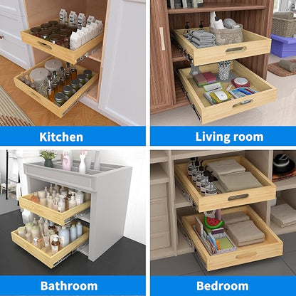 Pull Out Cabinet Organizer, 1PC 15” W x 21” D Soft Close Slide Out Wood Drawer Storage Shelves for Kitchen, Base Cabinet Organization for Pantry, Finished, Heavy-Duty, Bottom Assembly