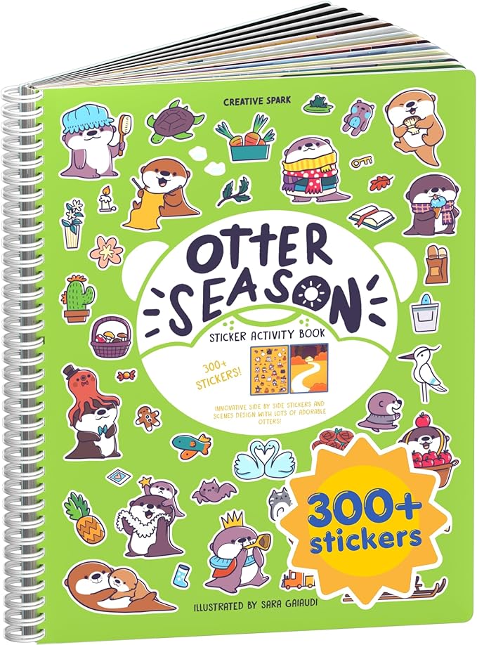 Otter Season 300+ Sticker Book for Kids by Cupkin - Arts & Crafts Activity Book, Stickers, 8 Scenes & Coloring Pages - Road Trip Essentials, Travel Essentials for Ages 2-8 - Spiral Bound