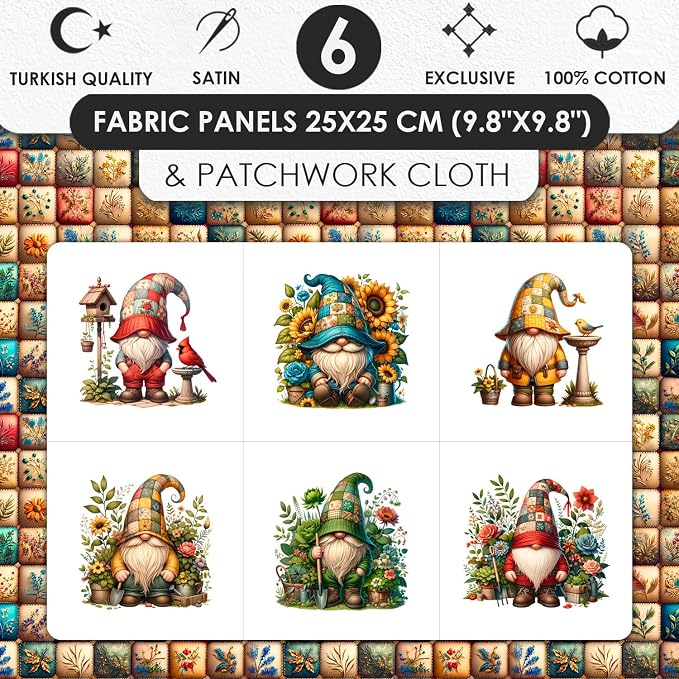 Gnome Patchwork Cotton Fabric Panel – 6 Designs 10×10 inch + Bonus Patchwork Sheet 29.5×19.6 inch, 100% Cotton 140 GSM, Eco-Printed Quilting & Sewing Fabric (USA Size)
