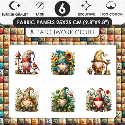 Gnome Patchwork Cotton Fabric Panel – 6 Designs 10×10 inch + Bonus Patchwork Sheet 29.5×19.6 inch, 100% Cotton 140 GSM, Eco-Printed Quilting & Sewing Fabric (USA Size)