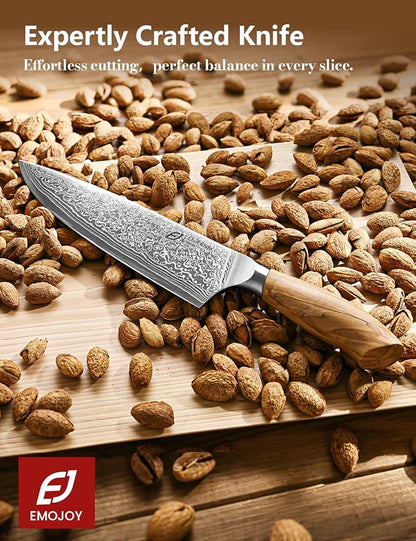 Damascus Chef Knife in Japanese Steel, 67-Layers Damascus Kitchen Knife with Wooden Gift Box and Original Olive Wood Handle, Cooking Knives for Home Kitchen Gift Idea