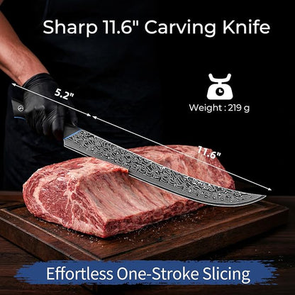 FINTISO Carving Brisket Knife 11.6 Inch, 67-Layer Damascus Steel Breaking Knife with Curved Blade, Slicing and Butcher Knives for Meat Cutting with Ergonomic G10 Handle - Zeus Series