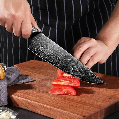 Freelander Damascus Chef Knife 8 Inch, 67-Layer VG10 Core Japanese Steel, Walnut Handle with Mosaic Pin, Full Tang Design, HRC 62 Sharp Blade, Gift-Ready Kitchen Knife