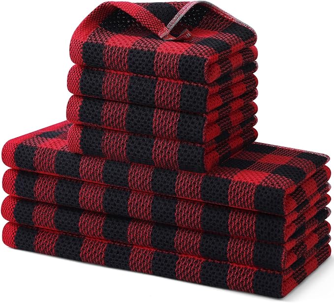 Homaxy Kitchen Towels and Dishcloths Set, 12" x 12" and 13" x 28", Set of 8 Bulk Cotton Waffle Weave Dish Towels, Super Soft Absorbent Hand Towels for Kitchen, Red & Black