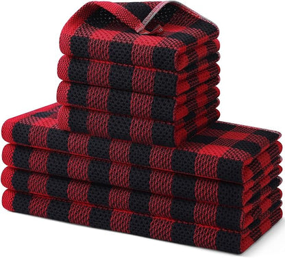 Homaxy Kitchen Towels and Dishcloths Set, 12" x 12" and 13" x 28", Set of 8 Bulk Cotton Waffle Weave Dish Towels, Super Soft Absorbent Hand Towels for Kitchen, Red & Black