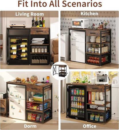 METYERRY Kitchen Bakers Rack with Power Outlet, Microwave Stand with Drawer, Mini Fridge Stand with Adjustable Shelves,Mini Fridge Cabinet Suitable for Dining Room, Dorm,Home, Rustic Brown