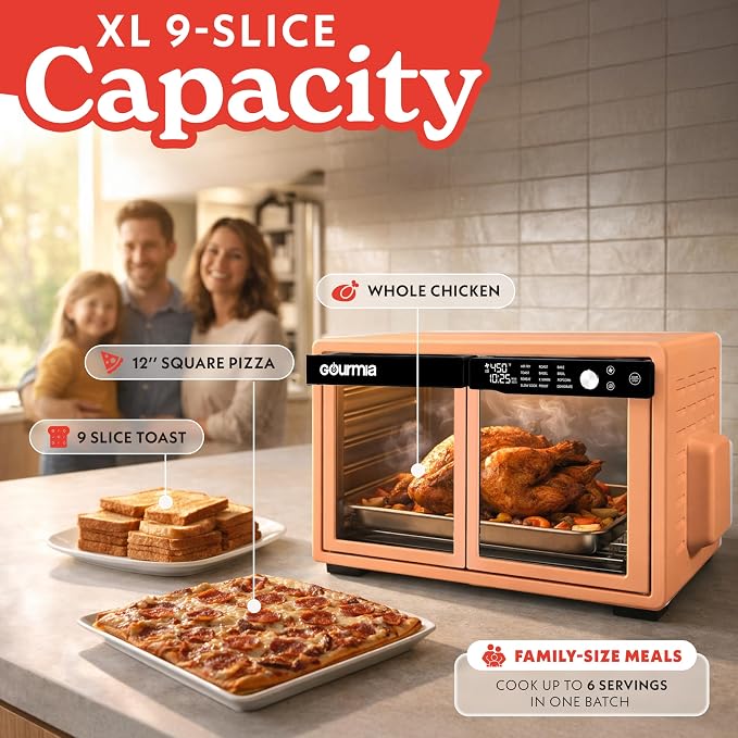 Gourmia French Door Air Fryer Oven - 37 Qt Large Capacity Convection Toaster Oven, FryForce 360°, Digital Display, 12 Cooking Presets, Dehydrate, Fits 13” Pizza, Dishwasher-Safe, Peach