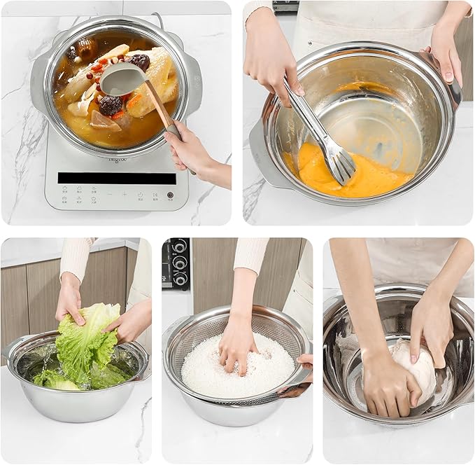 Paoli 304 Stainless Steel Fine Mesh Colander Set, 4QT Large Capacity Strainer with Mixing Bowl — Rinse Fruits, Veggies, Rice & Drain Pasta, Dishwasher Safe (2-Piece Gold)