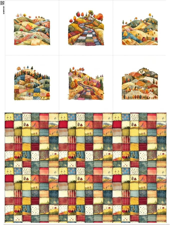 Patchwork Autumn Landscape Cotton Fabric Panel – 6 Designs (10×10 inch Each) + Bonus Sheet 29.5×19.6 inch, 100% Cotton 140 GSM, Made in Türkiye