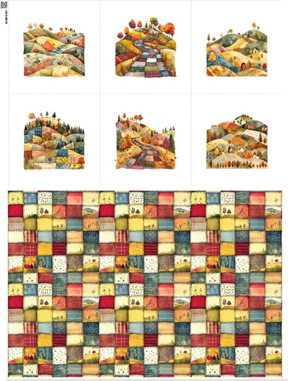 Patchwork Autumn Landscape Cotton Fabric Panel – 6 Designs (10×10 inch Each) + Bonus Sheet 29.5×19.6 inch, 100% Cotton 140 GSM, Made in Türkiye