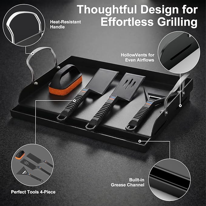 Cast Iron Griddle for Gas Grill with 5-Piece Griddle Tool Kit, 17" x 13" Nonstick Grill Griddle Plate for Stove Top & Charcoal Grill, 6-Piece Flat Top Grill Accessories Set
