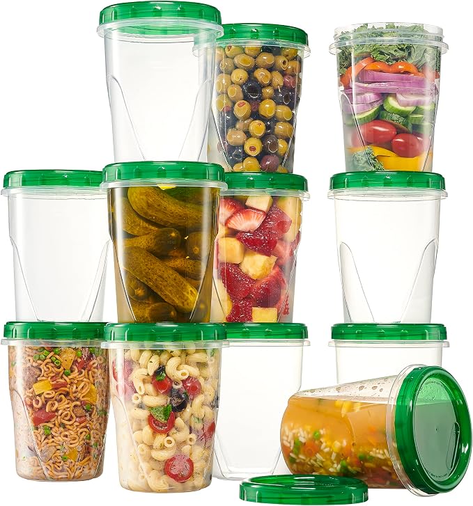 PLASTICPRO 12 Pack Twist Cap Food Storage Containers with Green Screw on Lid- 32 oz Reusable Meal Prep Containers - Freezer and Microwave Safe Green Plastic Food Storage