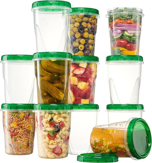 PLASTICPRO 12 Pack Twist Cap Food Storage Containers with Green Screw on Lid- 32 oz Reusable Meal Prep Containers - Freezer and Microwave Safe Green Plastic Food Storage