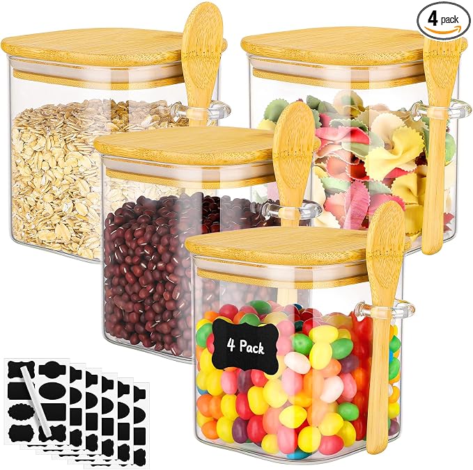 Glass Jars with Bamboo Lids - 4 Pack 24 Fl.oz Square Glass Mason Jars with Airtight Lid and Spoon, Clear Kitchen Pantry Container Stackable Food Canister for Coffee, Sugar, Tea, Candy, Cookie