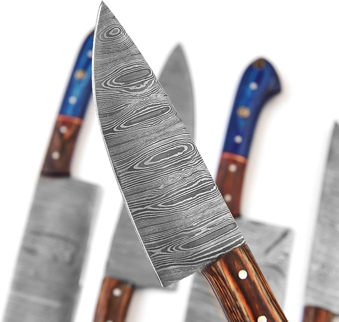 LEONA CRAFT® Custom Handmade Damascus Steel Chef Set Kitchen Knives with Leather Pouch 5 PCS Poplar Home Professional Knife Without Block Cool Blade Wood Handle Utensils Tops Tools Paring Knifes (011)