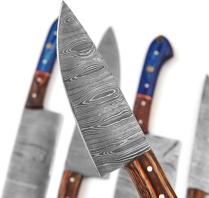 LEONA CRAFT® Custom Handmade Damascus Steel Chef Set Kitchen Knives with Leather Pouch 5 PCS Poplar Home Professional Knife Without Block Cool Blade Wood Handle Utensils Tops Tools Paring Knifes (011)