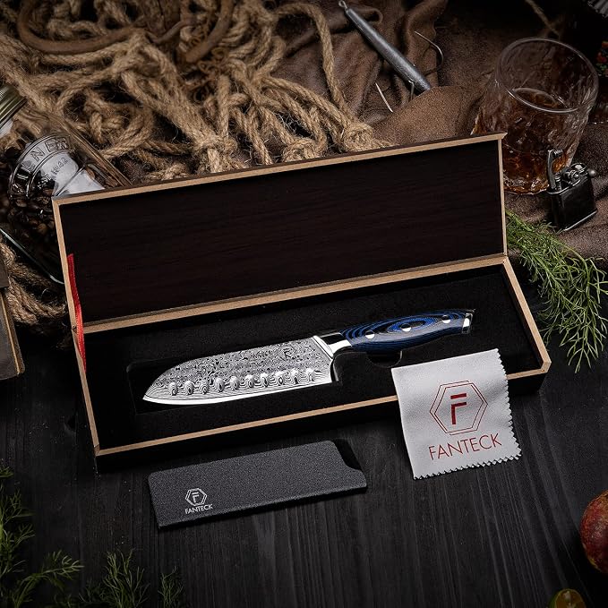 FANTECK Santoku Knife 5 Inch Damascus Japanese Steel Kitchen Knife,VG10 67-Layer High Carbon Full Tang Best Chef Santoku knives for Pro Chef&Restaurant, Blue G10 Handle,Gift Box&Sheath