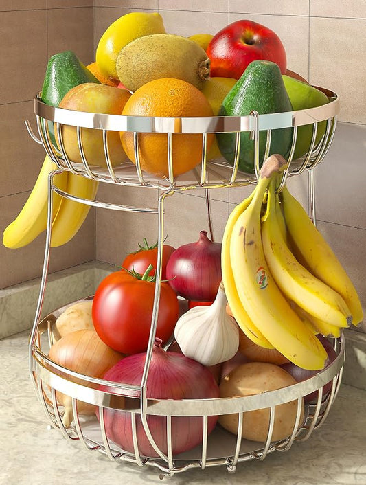 Sevenblue 2 Tier Fruit Basket for Kitchen Counter with 2 Banana Hangers, Metal Stackable Fruit Bowl for Kitchen Counter for Bread Vegetable Fruits, Silvery