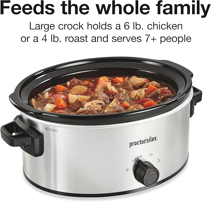 Proctor Silex Double Dish Slow Cooker with 6qt Crock and Dual 2.5qt Nonstick Insert to Cook Two Meals at Once, Dishwasher Safe Pot & Lid, Silver (33563)
