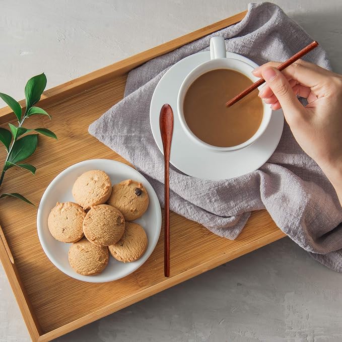 Patelai 6 Pieces Wooden Coffee Spoons Long Handle Mixing Wooden Spoon Handmade Stirring Teaspoon for Kitchen Stirring