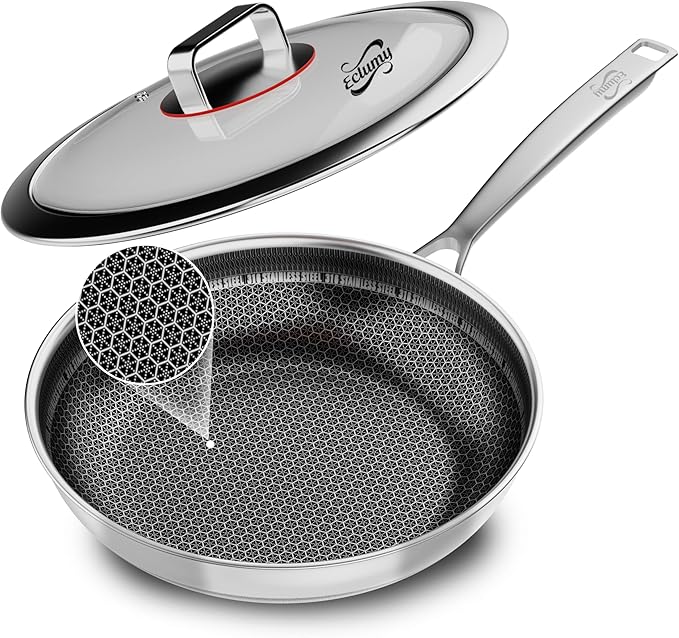 Non Stick Frying Pans Stainless Steel, 12 Inch with Lid, Induction Pan Compatible, Dishwasher Oven Safe, PFOA Free Cooking Pan for Home Chefs Everyday Cooking