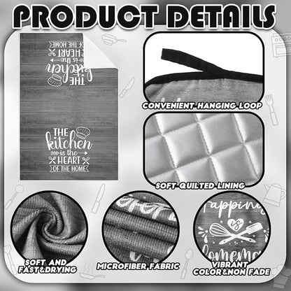 Sratte 6 Pcs Kitchen Decor Accessories Set Farmhouse Towels Pot Holders Oven Mitts Set 2 Dish Towels 2 Potholders 2 Cooking Mittens Oven Glove for Christmas Baking Cooking (Dark Gray)
