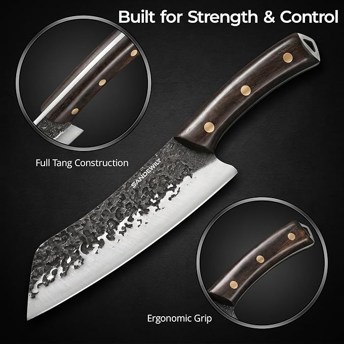 Hand Forged Butcher Knife Set, 7" Meat Cleaver + 8" Chef Knife + 6" Viking Knife, Full Tang High Carbon Steel, Wooden Handle, Whetstone, Durable for Meat Cutting, BBQ and Outdoor Cooking