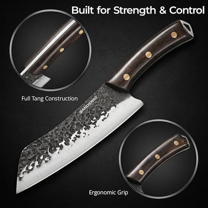 Hand Forged Butcher Knife Set, 7" Meat Cleaver + 8" Chef Knife + 6" Viking Knife, Full Tang High Carbon Steel, Wooden Handle, Whetstone, Durable for Meat Cutting, BBQ and Outdoor Cooking
