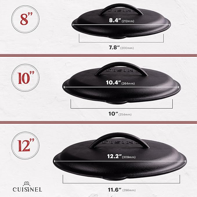 Cuisinel 12" + 10" + 8"-Inch Cast Iron Skillets Set with Braiser Lids + Silicone Handle Grips + Pan Scraper - Indoor/Outdoor Pre-Seasoned Kitchen Cookware - Oven, Fire, Stove Safe