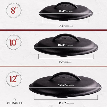 Cuisinel Cast Iron Skillets Set with Lids - 8"+10"+12"-inch Pre-Seasoned Covered Frying Pan Set + Silicone Handle and Lid Holders + Scraper/Cleaner - Indoor/Outdoor, Oven, Stovetop, Fire Safe Cookware