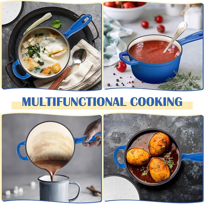 E-far Enameled Cast Iron Sauce Pan with Lid, 1 Quart Dutch Oven Saucepan, Mini Sauce Pot for Cooking, Boiling, Healthy & Non Toxic, Induction & Oven Safe, Deep Blue