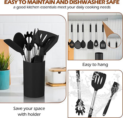 HaWare 29 PCS Silicone Cooking Utensils Set, Heat Resistant Kitchen Utensils Set with Stainless Steel Handle, Spatula Sets with Holder and Hooks, Kitchen Tools Gadgets for Nonstick Cookware -Black