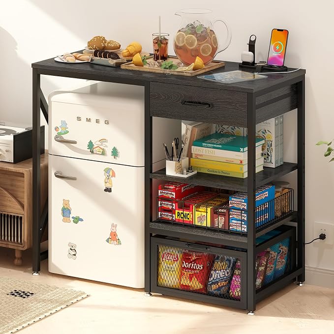 METYERRY Kitchen Bakers Rack with Power Outlet, Microwave Stand with Drawer, Mini Fridge Stand with Adjustable Shelves,Mini Fridge Cabinet Suitable for Dining Room, Dorm,Home, Black