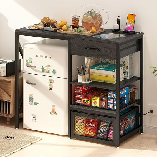 METYERRY Kitchen Bakers Rack with Power Outlet, Microwave Stand with Drawer, Mini Fridge Stand with Adjustable Shelves,Mini Fridge Cabinet Suitable for Dining Room, Dorm,Home, Black