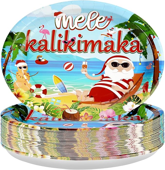 50Pcs Christmas in July Party Decorations 10" x 12" Tropical Hawaiian Santa Heavy Duty Oval Paper Plates Mele kalikimaka Disposable Tableware for Summer Christmas Beach Pool Party Supplies
