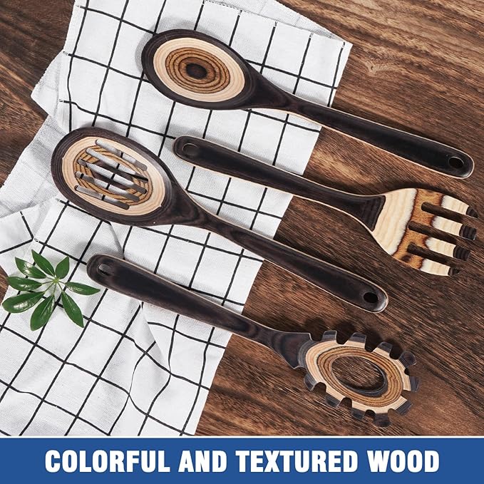 MYRAINBOW Wooden Spoons for Cooking, 7 Piece Pakkawood Kitchen Utensils Set with Spatulas, Spoons, Ladles, and Turner for Mixing, Serving & Cooking