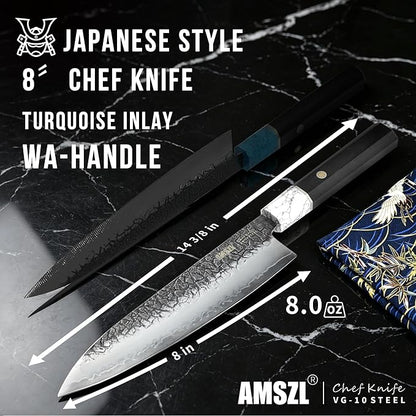 8" Japanese VG10 Damascus Chef Knife – White Turquoise, Ebony Handle | HRC 60-62, stays sharp 3X longer. 5-layer Damascus, full tang octagonal ebony handle with genuine white turquoise