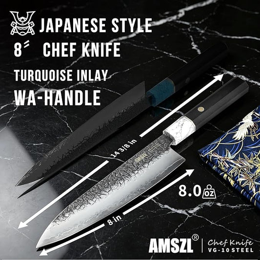 8" Japanese VG10 Damascus Chef Knife – White Turquoise, Ebony Handle | HRC 60-62, stays sharp 3X longer. 5-layer Damascus, full tang octagonal ebony handle with genuine white turquoise