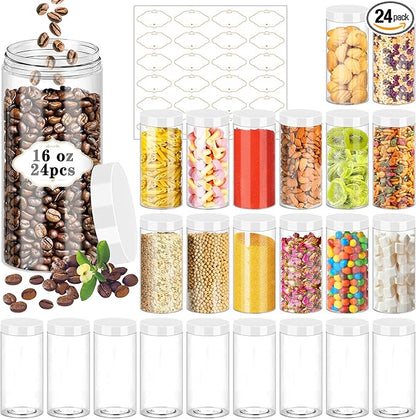 PeacePeo 24 Pcs Plastic Jars, 16 OZ Plastic Jars with White Lids Clear Airtight Slime Containers Refillable Round Empty Storage Containers Jar for Kitchen & Household Dry Food Storage