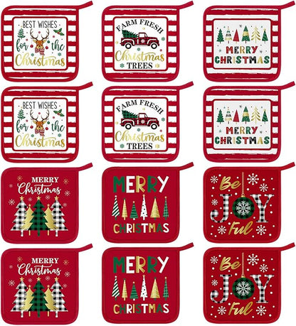 Bencailor 12 Pcs Pot Holders with Pocket Kitchen Hot Potholders Hot Pad Oven Mitts Cookie Bag Oven Gloves for Kitchen Gift Baking Cooking(Red and White,Novelty)