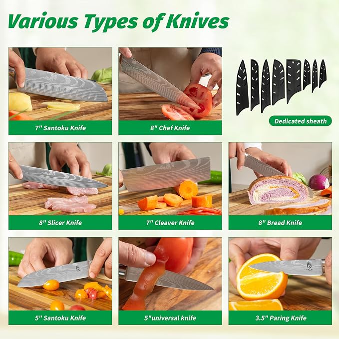 FULLHI 15pcs Japanese Knife Set with Magnetic Knife Block Holder, Stainless Steel Blades, White Resin Ergonomic Handles for Professional and Home Cooking