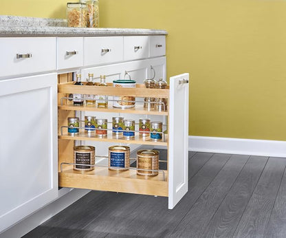 Rev-A-Shelf 5" Pullout Storage Organizer for Base Kitchen/Bathroom Cabinets, Spice Rack/Pantry Shelves with Soft-Close Slides, Wood, 448-BDDSC-5C