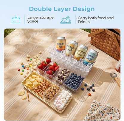 Homelove Snackle Box Container, Snack Organizer Divided Serving Tray with 2 Plastic Ice Packs, Lid with Handle, Double-layer Tray and 5-Compartment Snack Platter for Travel Party Beach Picnic