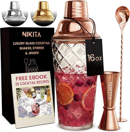 Nikita Cocktail Shaker, 5-Piece Martini Shaker & Bartender Kit with Bar Accessories Strainer, Jigger, Spoon & Muddler, Rose Gold 16oz Drink Mixer with Bartender Accessories