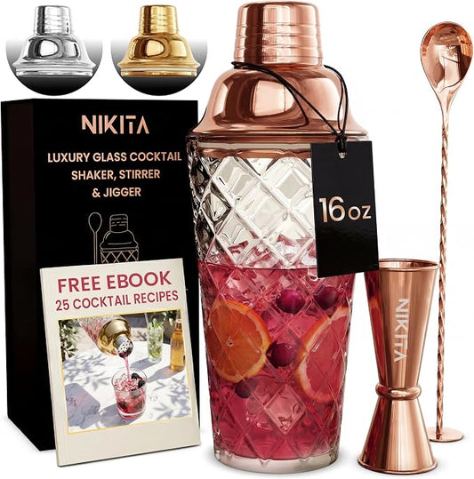Nikita Cocktail Shaker, 5-Piece Martini Shaker & Bartender Kit with Bar Accessories Strainer, Jigger, Spoon & Muddler, Rose Gold 16oz Drink Mixer with Bartender Accessories