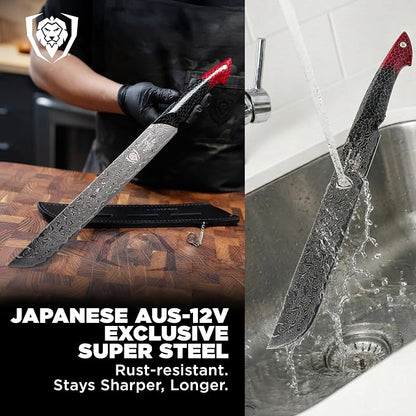 Dalstrong Slicing Knife - 11”- Scorpion Series Meat Slicing Knife Professional- Exclusive Japanese V12 Ultra™ Steel - Black Damascus - Black & Red Honeycomb Resin Handle- Brisket Slicer with Sheath