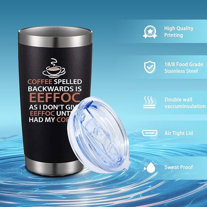 Eeffoc Is Coffee Spelled Backwards Funny Coffee Tumbler,20oz Insulated Stainless Steel Travel Mug with Lid,Straw and Brush,Double Wall Iced Travel Cup,Gifts for Women,Men,Boss,Friends,Employ(Black)