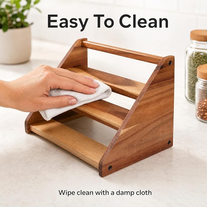 Acacia Wooden Spice Rack Organizer for Cabinet Wood Spice Shelf Organizer for Kitchen Pantry Storage Organizer 3 Tier Countertop